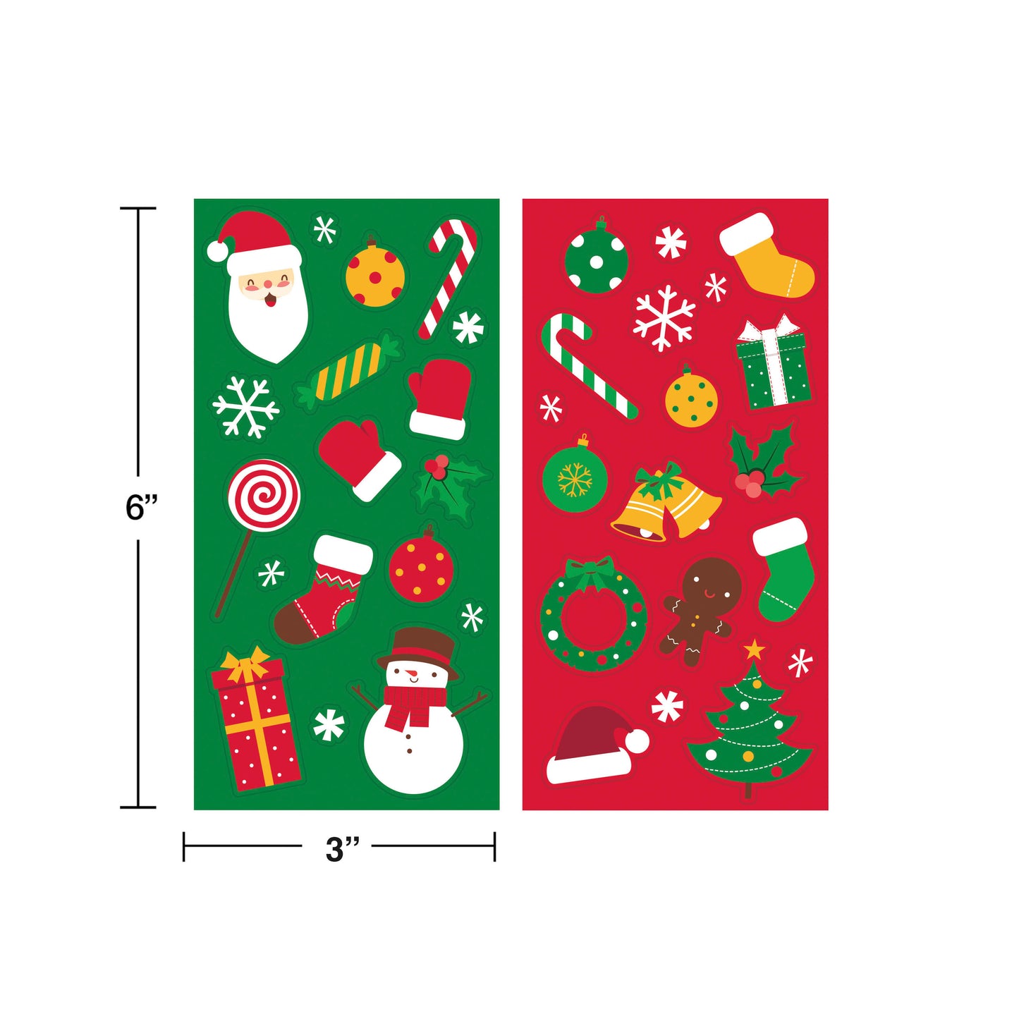 Two red sheets of Christmas stickers featuring Santa, snowman, wreath, gifts, candy, mittens, gingerbread, bells, stockings,