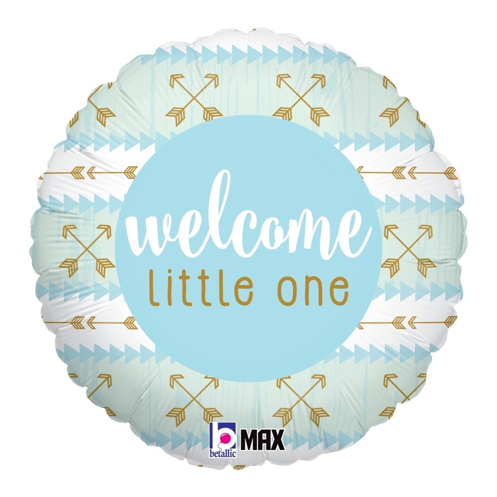 Round blue and white foil balloon with gold arrows and white text saying "welcome little one".