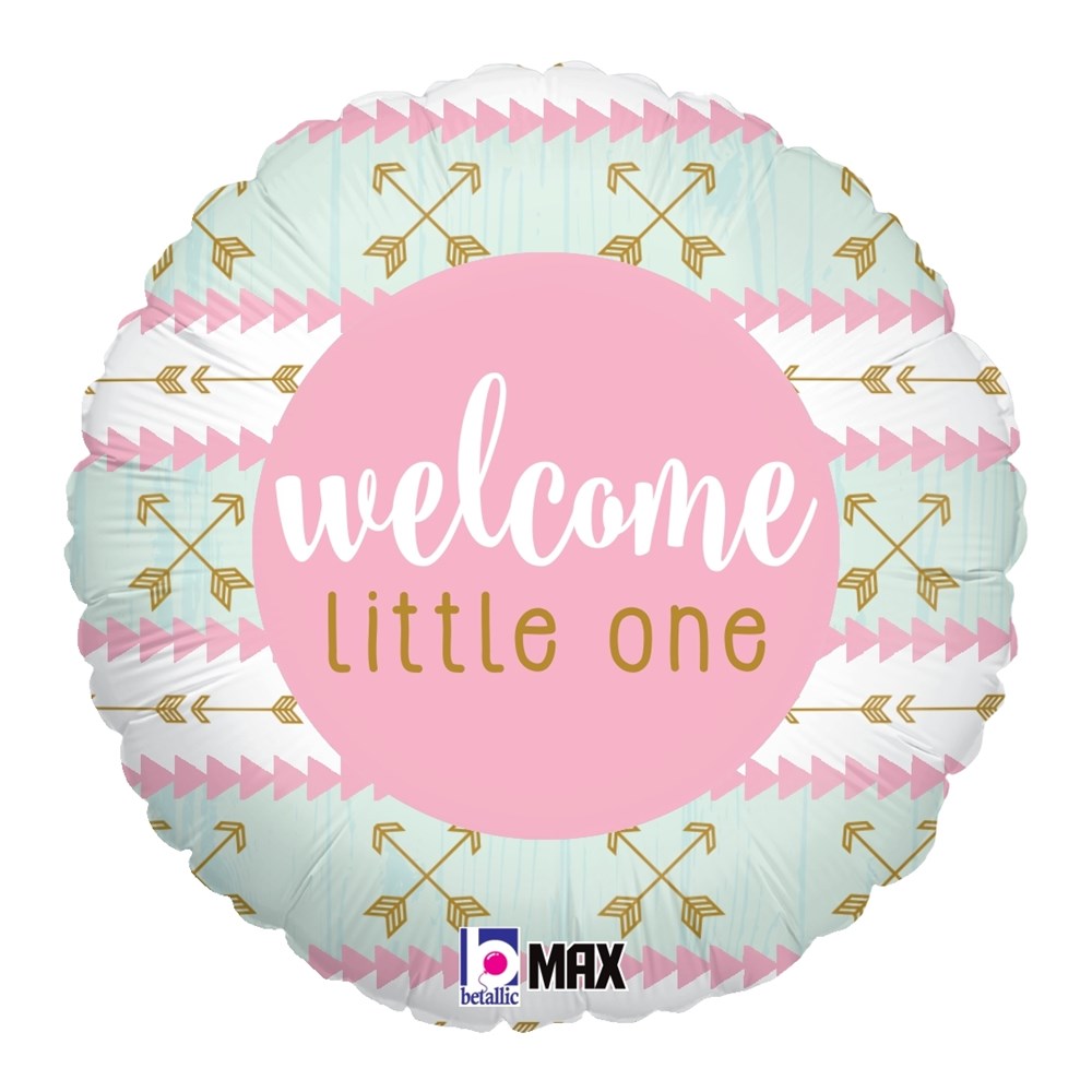 Round pink and white foil balloon with gold arrows and "welcome little one" text in white and gold letters.