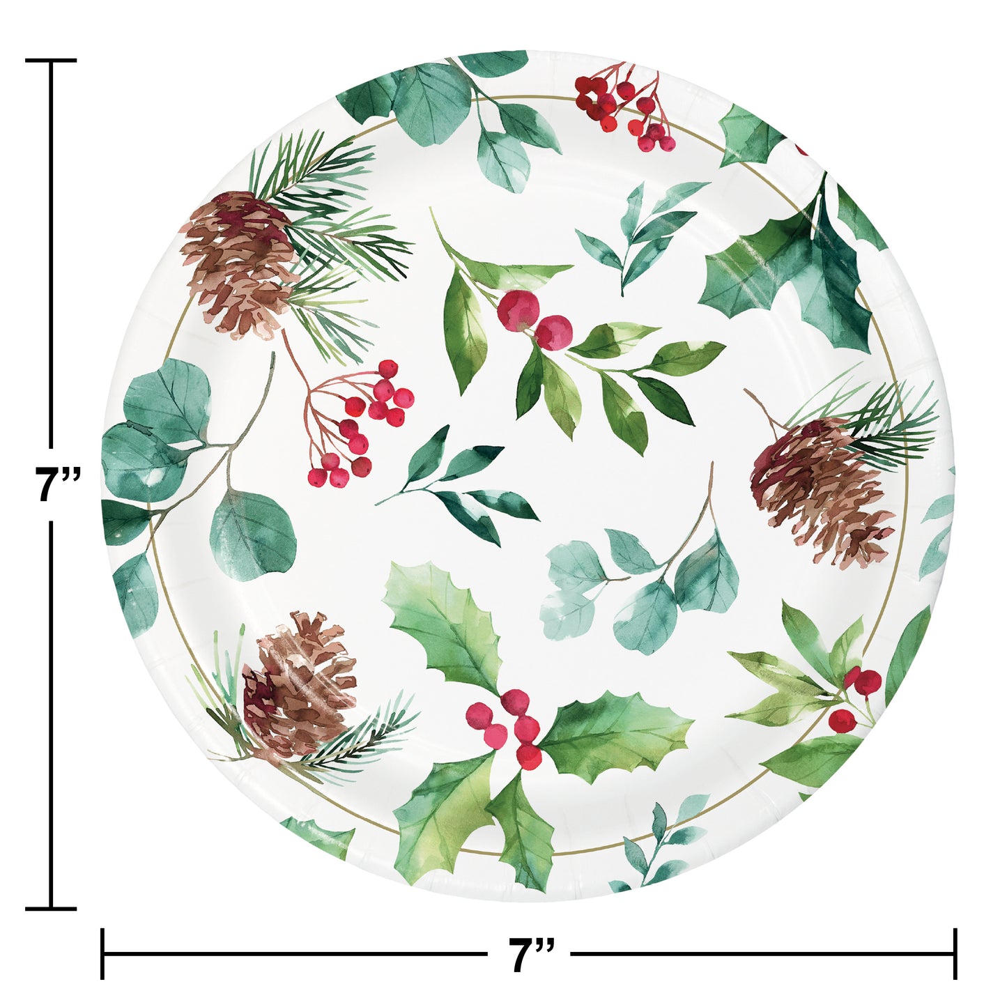 Round 7-inch white plate with festive pine cones, holly leaves, red berries, and eucalyptus design.