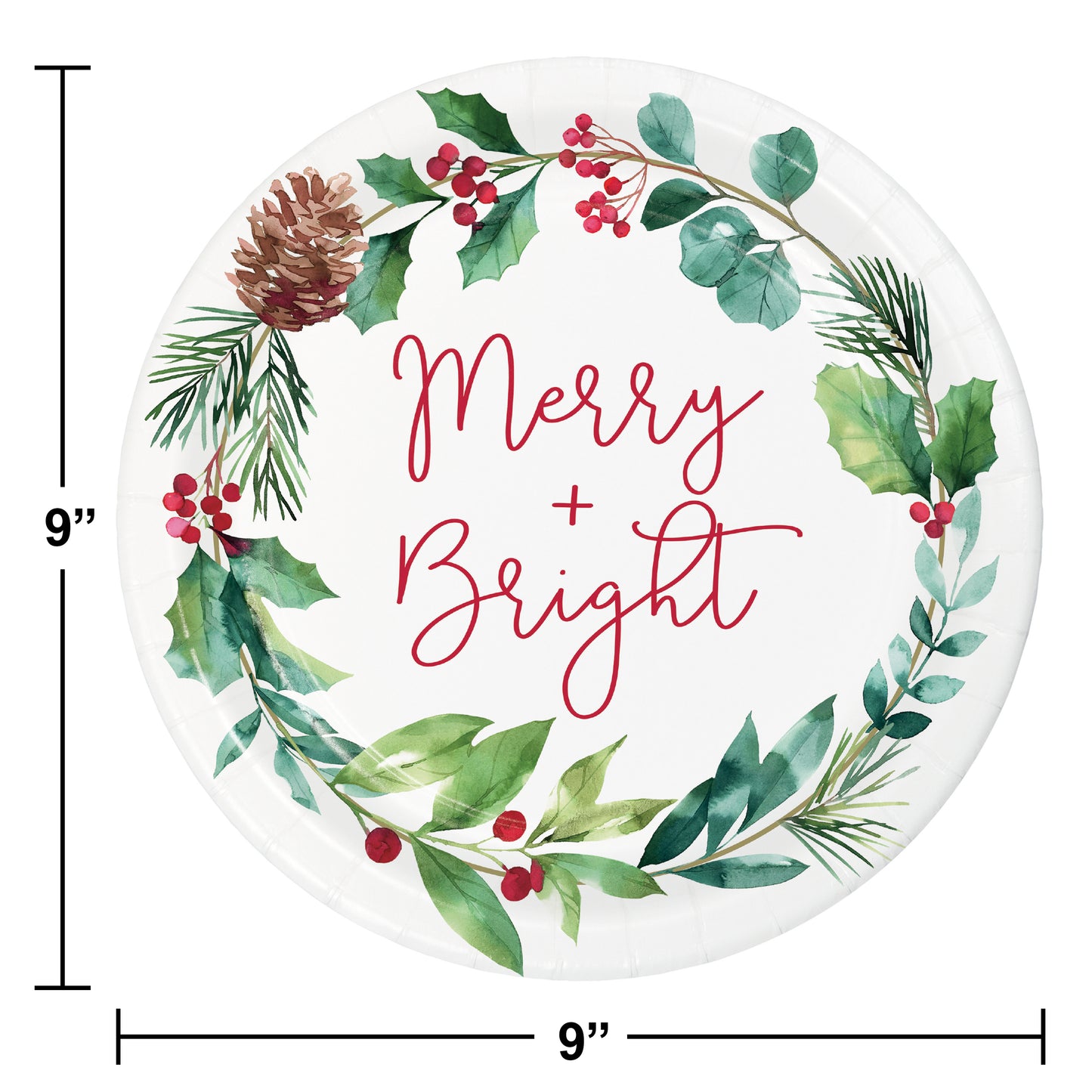 Round white ceramic holiday plate with green foliage, pinecones, red berries, and "Merry + Bright" in red script, 9-inch.