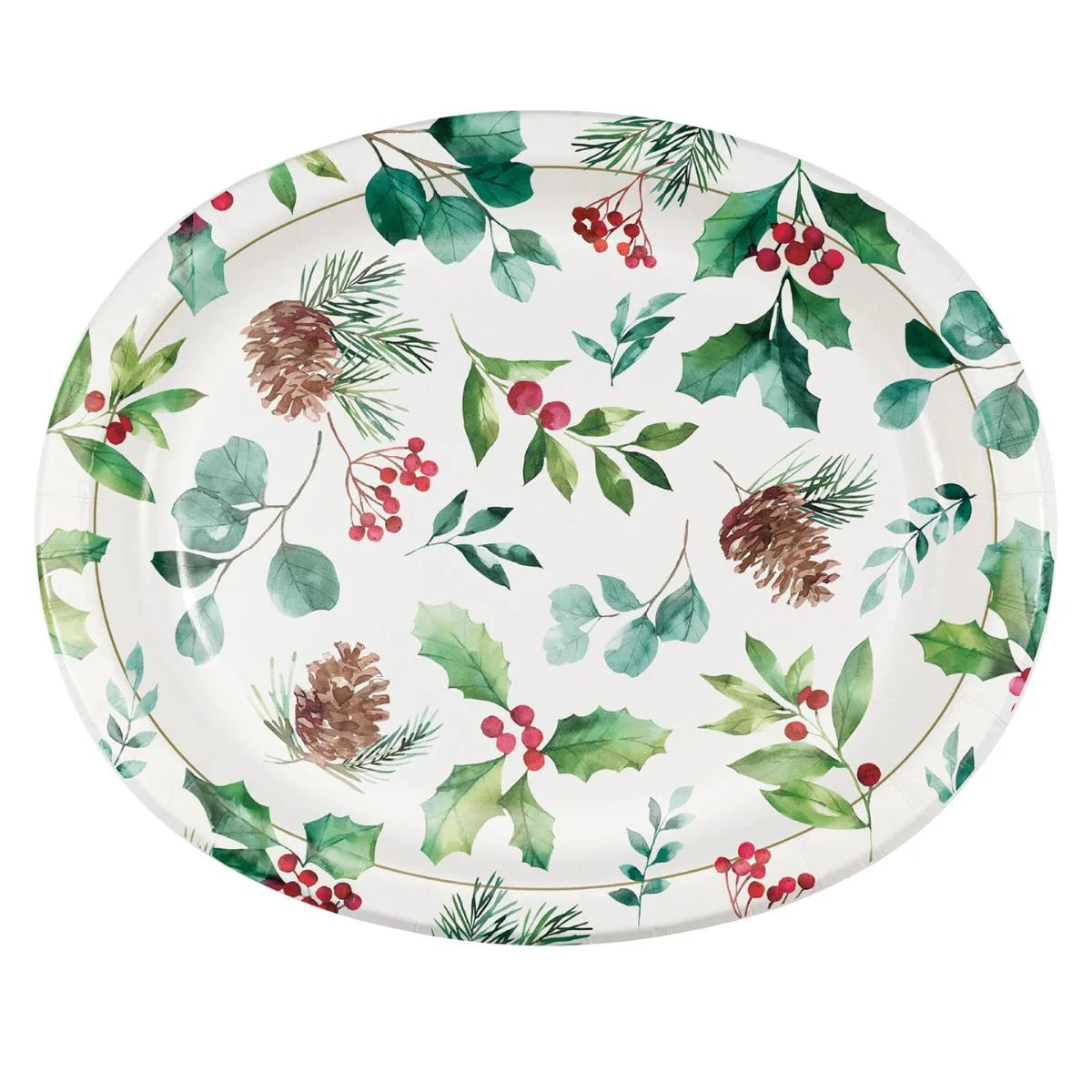 Oval white holiday platter with green pine branches, pine cones, and red berry accents.