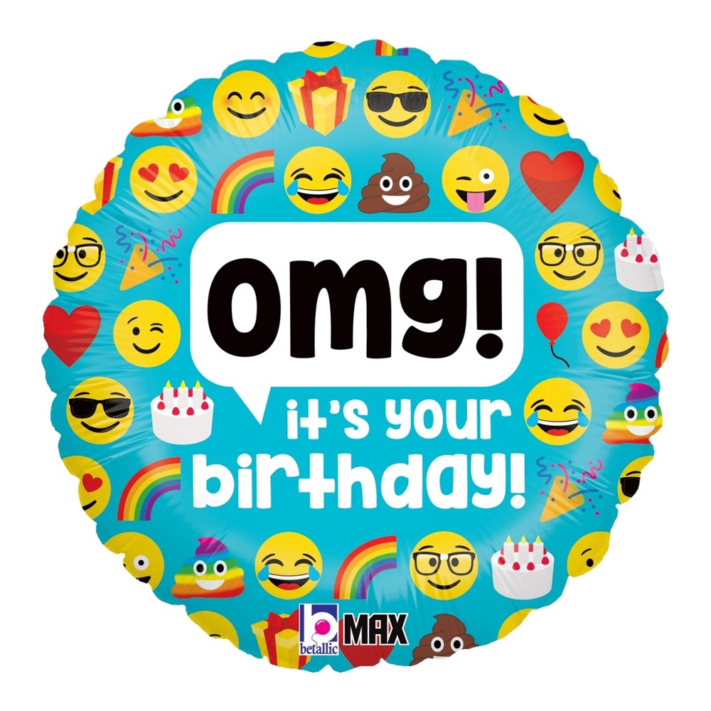 Round 18-inch blue foil balloon covered with colorful emoji faces, rainbows, cakes, and hearts, featuring bold "OMG! It's.