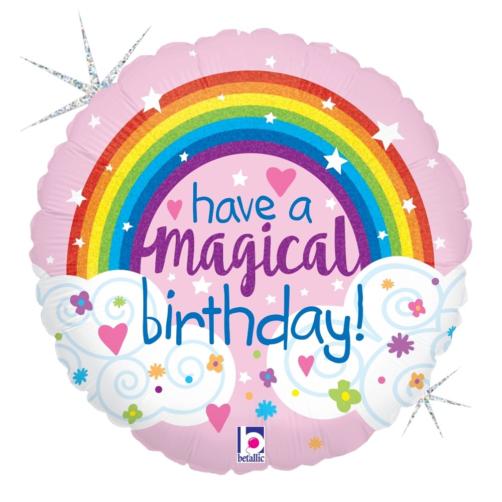 Round holographic balloon with a colorful rainbow, pink background, white clouds, and "have a magical birthday!" text.