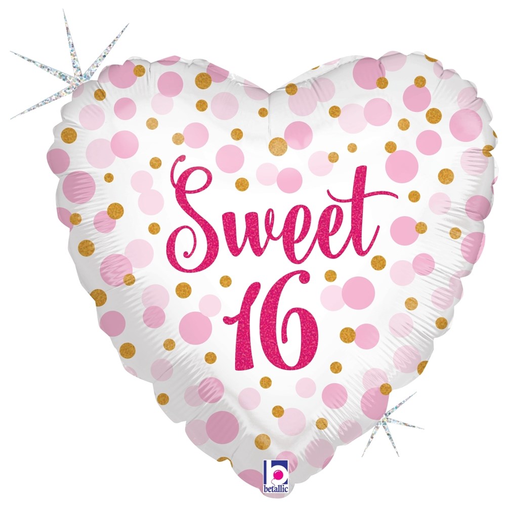 Heart-shaped holographic balloon with pink and gold polka dots, "Sweet 16" text in pink.