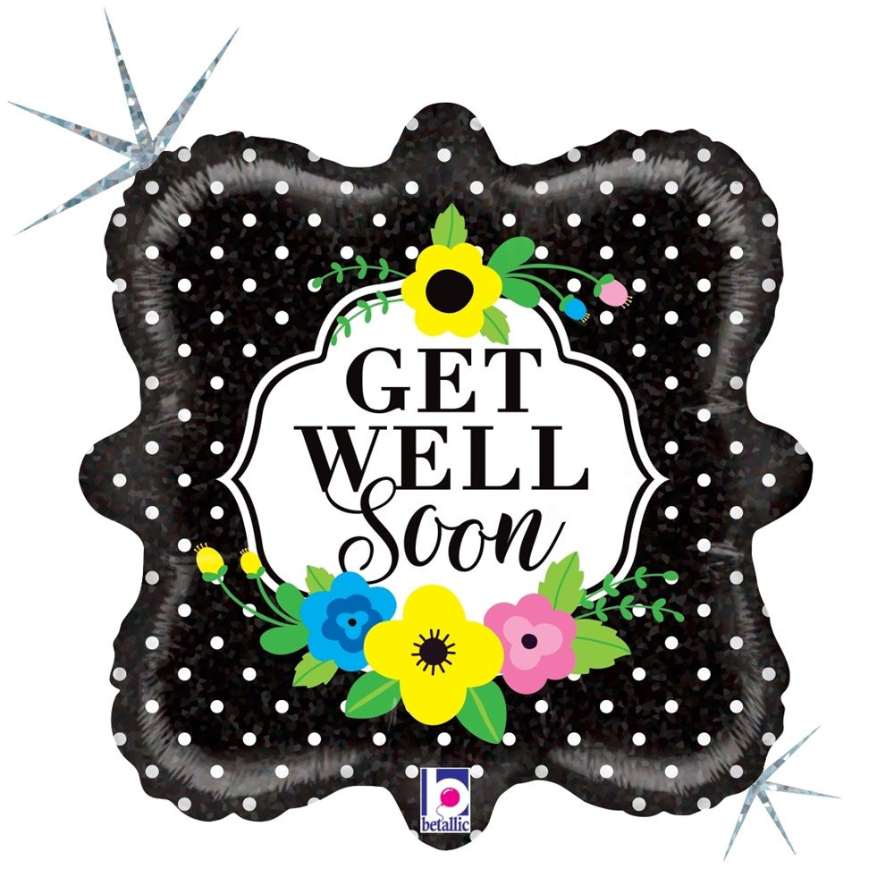 18-inch black holographic scalloped balloon with white polka dots and colorful floral accents, featuring "Get Well Soon".