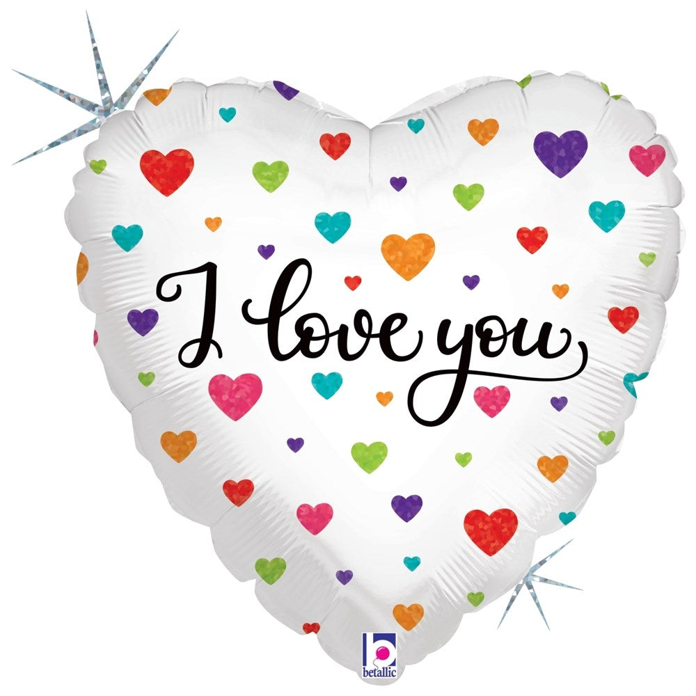 White heart-shaped holographic balloon with multicolored hearts and “I love you” text in black cursive.