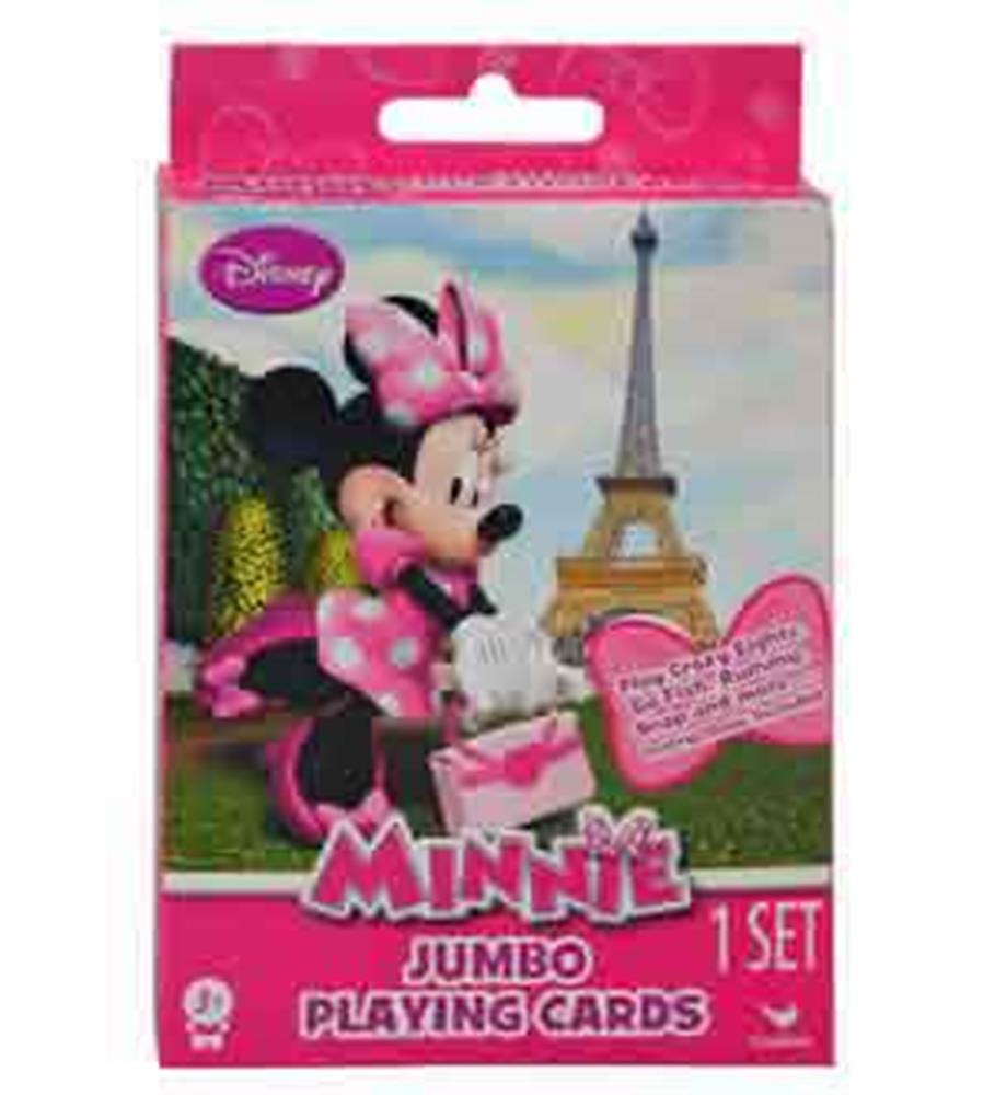 Pink Minnie Mouse jumbo playing card pack featuring Minnie in a pink polka-dot dress with Eiffel Tower background.