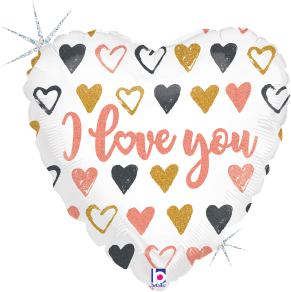 Heart-shaped white balloon with rose gold, black, and gold hearts and "I love you" text in rose gold glitter.