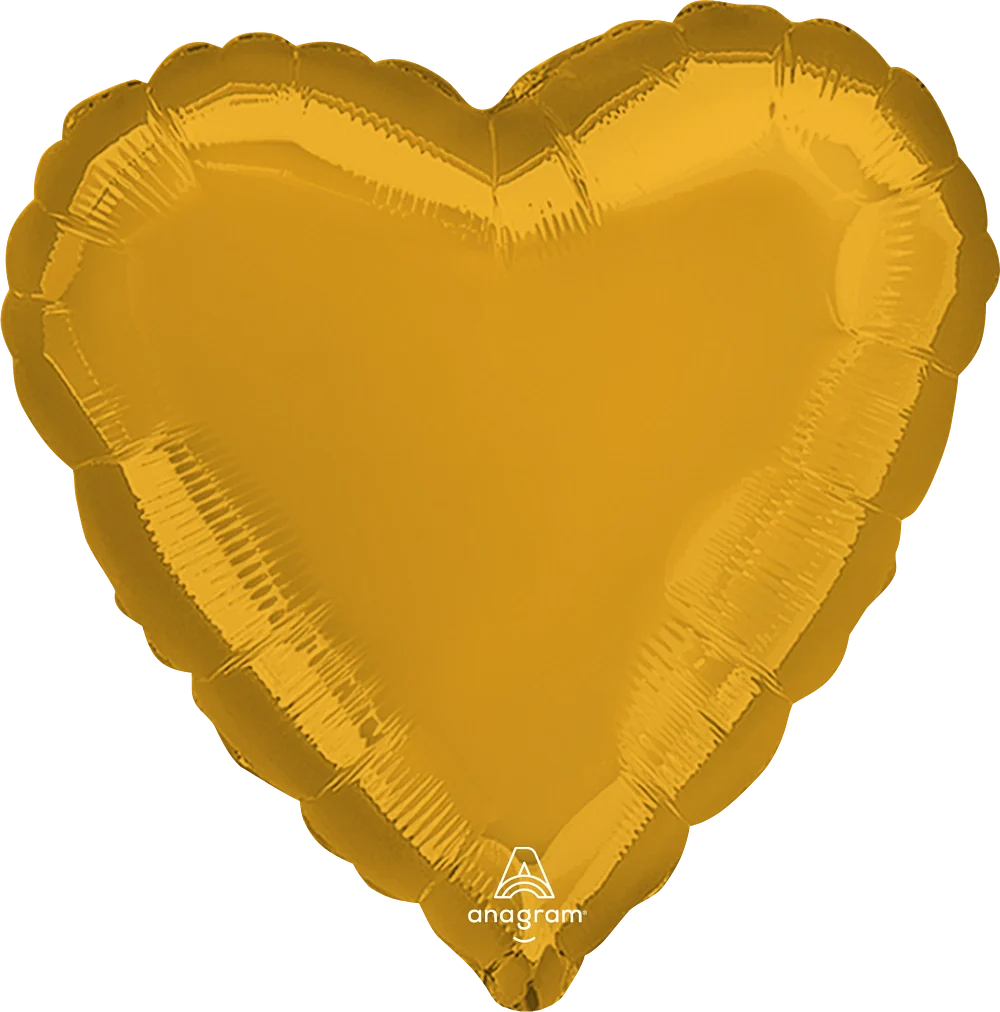 Shiny gold heart-shaped foil balloon with a smooth surface and sealed edges.