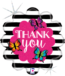 18-inch round balloon with black and white stripes, bright pink glitter center, colorful butterflies, and white "Thank you".