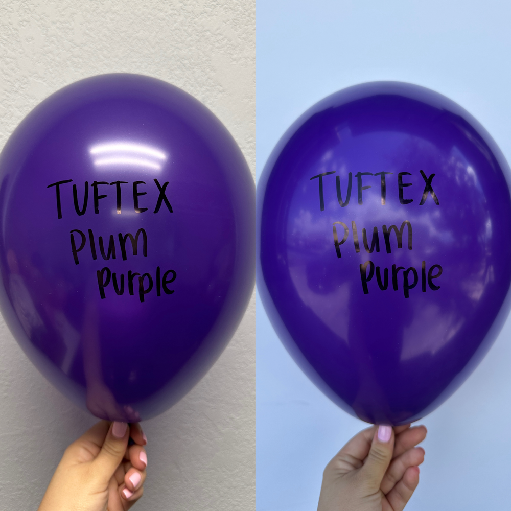 Round plum purple latex balloon with black "TUFtex Plum Purple" text, smooth shiny surface.