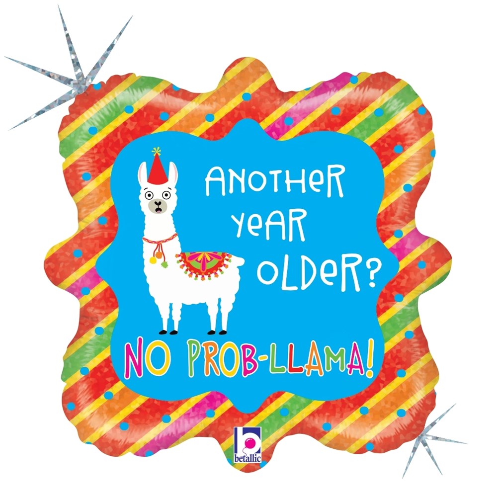 Colorful holographic llama-shaped birthday balloon with rainbow stripes and playful text.