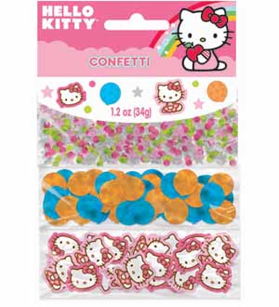 Hello Kitty-themed confetti with pink, orange, and blue circular pieces and white Hello Kitty face shapes on a pink header.