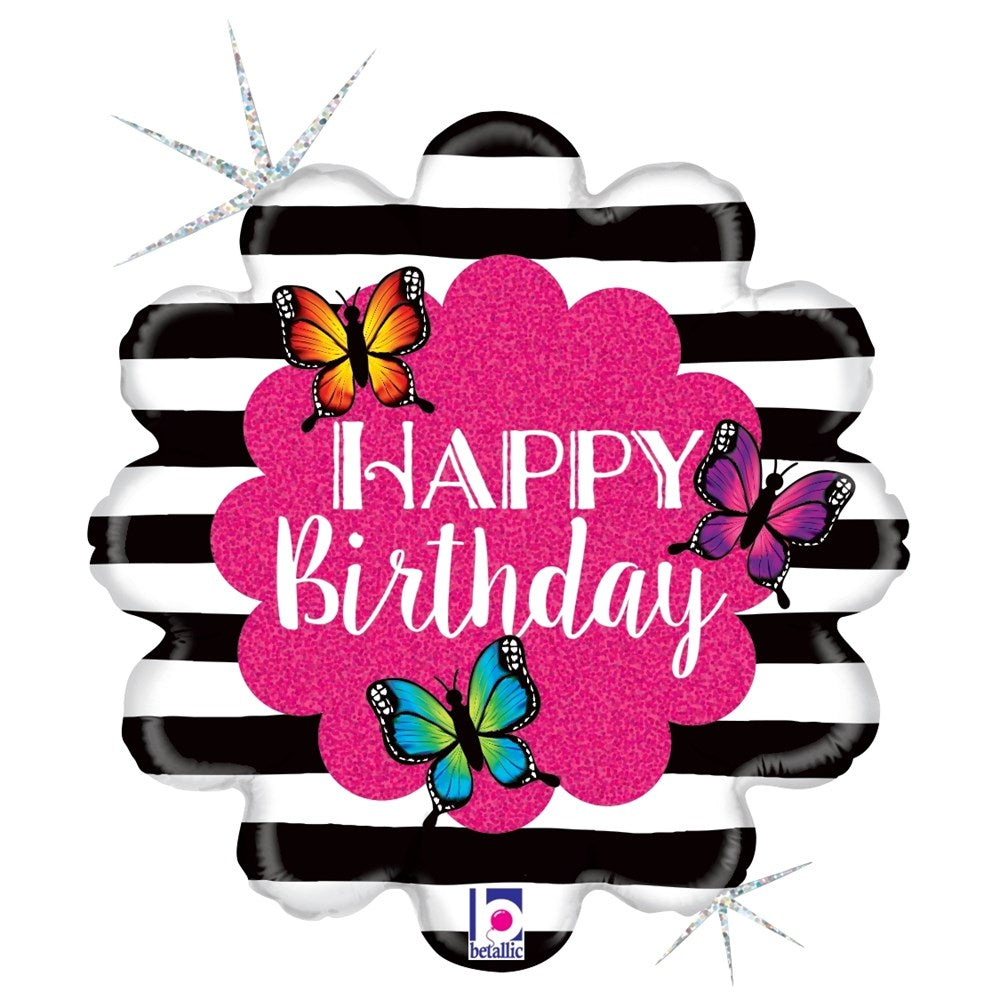 18-inch round balloon with black and white stripes, pink scalloped center, white "Happy Birthday" text, and colorful.