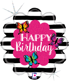 18-inch black and white striped round balloon with pink glittery "Happy Birthday" text and colorful butterflies.