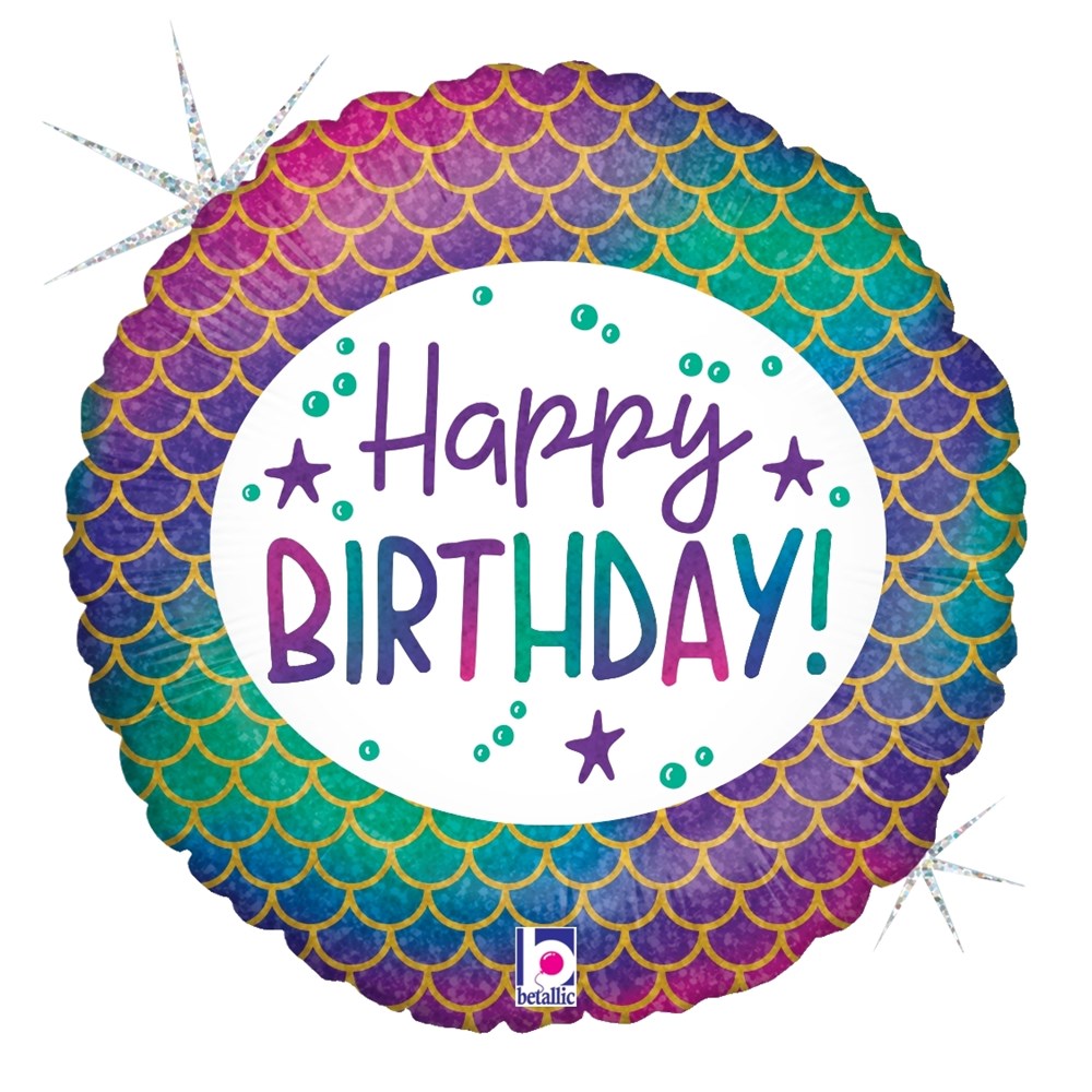 18-inch round holographic foil balloon with glittery purple and teal mermaid scale pattern and "Happy Birthday!" text in.