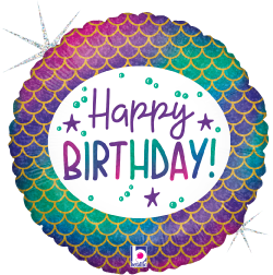 18-inch round holographic balloon with colorful mermaid scale pattern and "Happy Birthday!" text in purple and teal letters.