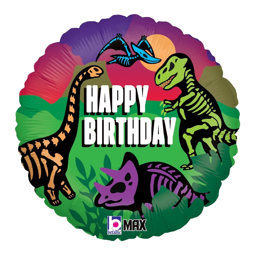Round foil balloon with colorful cartoon dinosaurs and "Happy Birthday" text in white.