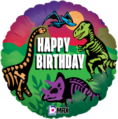 Round 18-inch foil balloon with colorful dinosaur skeletons and "Happy Birthday" text on sunset background.