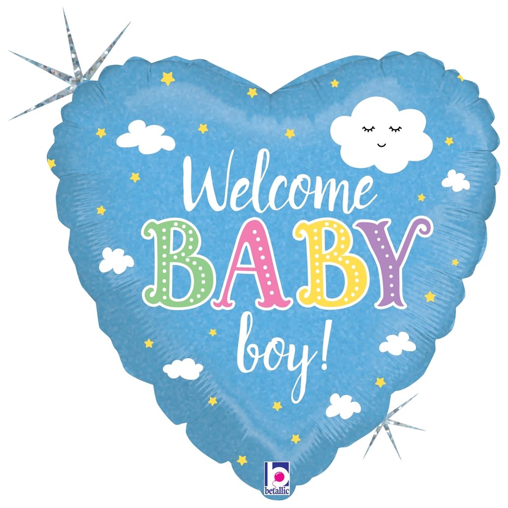 Heart-shaped blue holographic balloon with "Welcome BABY boy!" text, decorated with clouds and stars.
