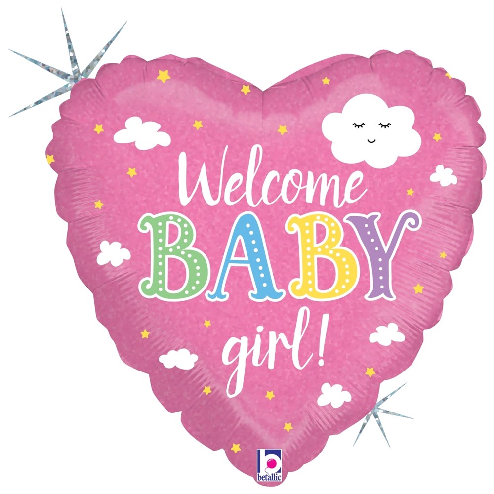 Pink heart-shaped holographic balloon with "Welcome Baby girl!" text, clouds, stars, and a smiling cloud face.