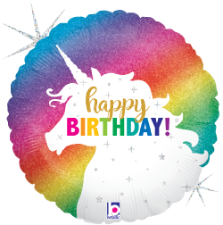 Round holographic balloon with rainbow glitter background featuring white unicorn silhouette and colorful "Happy Birthday!".