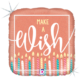 Rose gold square holographic balloon with glitter featuring "Make a Wish" text and colorful candles design.