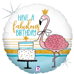 18-inch round holographic foil balloon with pink flamingo wearing gold crown, birthday cake, and "Have a fabulous birthday".