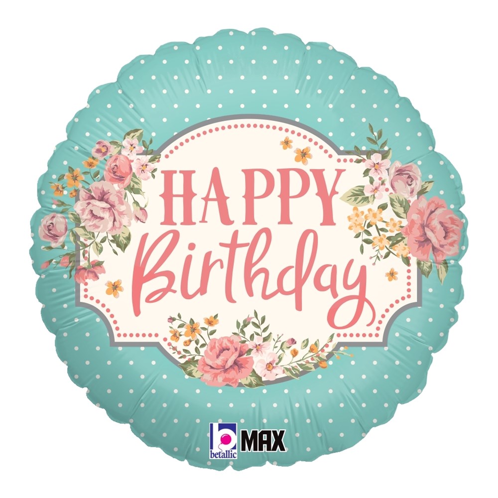 Round teal foil balloon with white polka dots, floral accents, and "Happy Birthday" text in pink cursive.