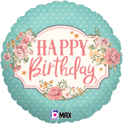 Round teal balloon with white polka dots, floral accents, and "Happy Birthday" in pink script.