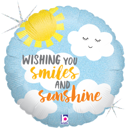 18-inch round holographic balloon with smiling cloud, yellow sun, and "Wishing You Smiles and Sunshine" text on blue.