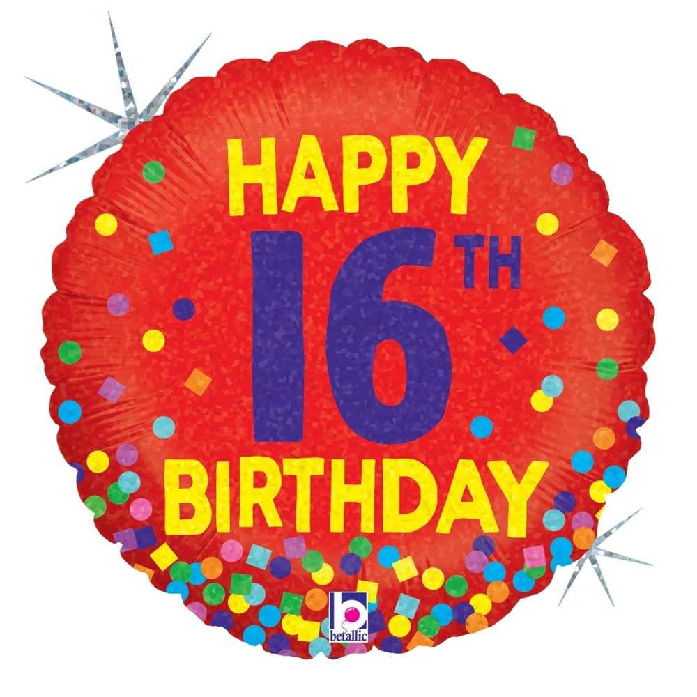Round red foil balloon with colorful confetti dots and "Happy 16th Birthday" in yellow and blue letters.