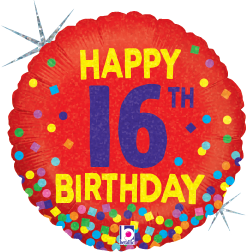 Red scalloped-edge 18-inch balloon with holographic confetti and yellow text reading "Happy 16th Birthday".