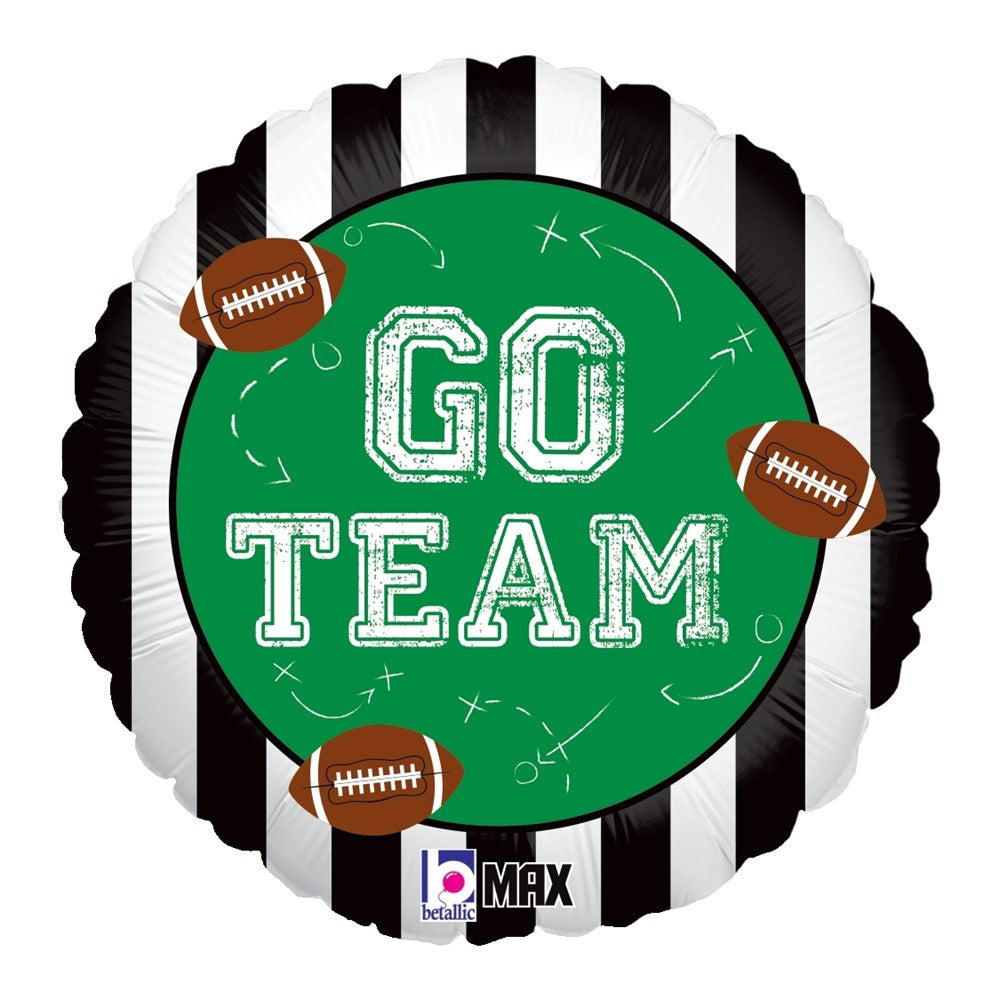 18-inch round foil balloon with black and white stripes, green center, white "GO TEAM" text, and football graphics.