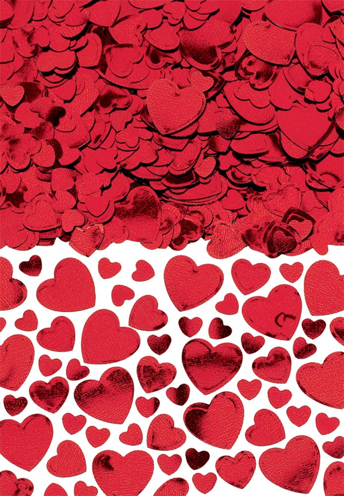 Glossy red metallic heart-shaped confetti in various sizes densely packed and scattered.