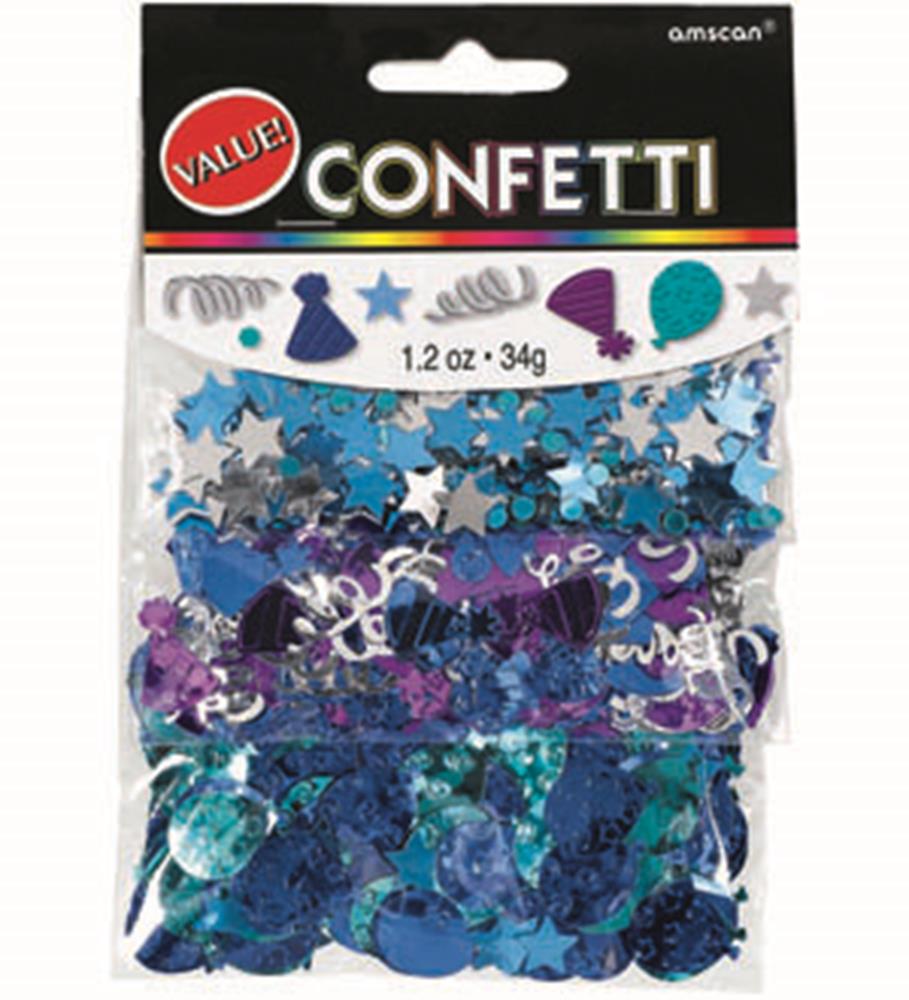 Blue metallic confetti mix with stars, balloons, party hats, and swirls in a clear plastic value pack.