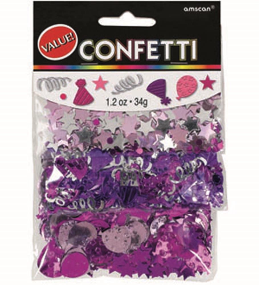 Mixed pink metallic confetti shapes including hearts, stars, circles, and party hats in clear plastic bag packaging.