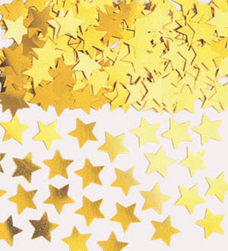 Scattered small shiny gold star-shaped confetti pieces on a white surface.