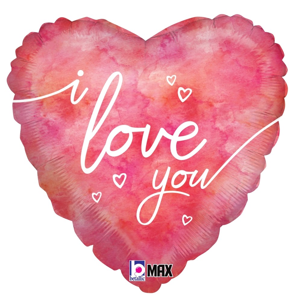 Heart-shaped balloon with pink and red watercolor design and white "I love you" text with small hearts.