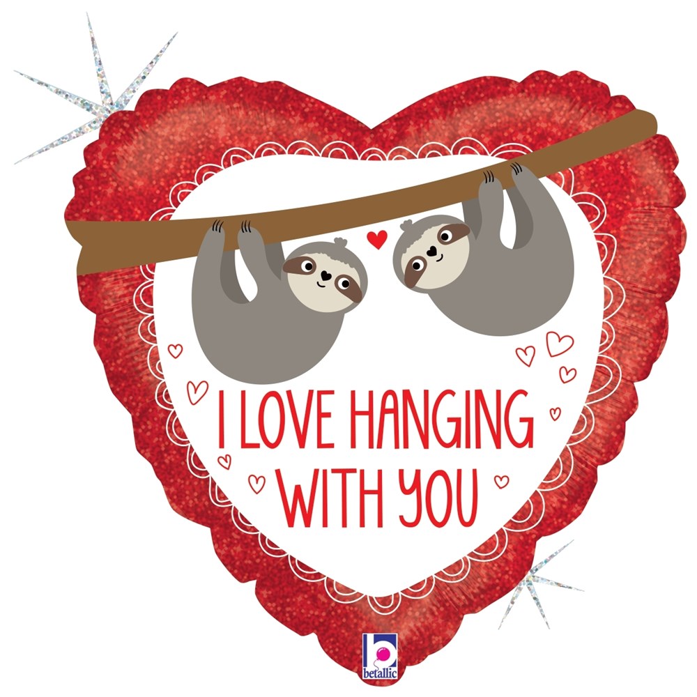 Heart-shaped red and white holographic balloon with two gray sloths hanging from a brown branch, text "I Love Hanging With.