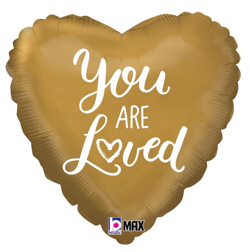Gold heart-shaped foil balloon with white cursive "You Are Loved" text and small heart graphic.