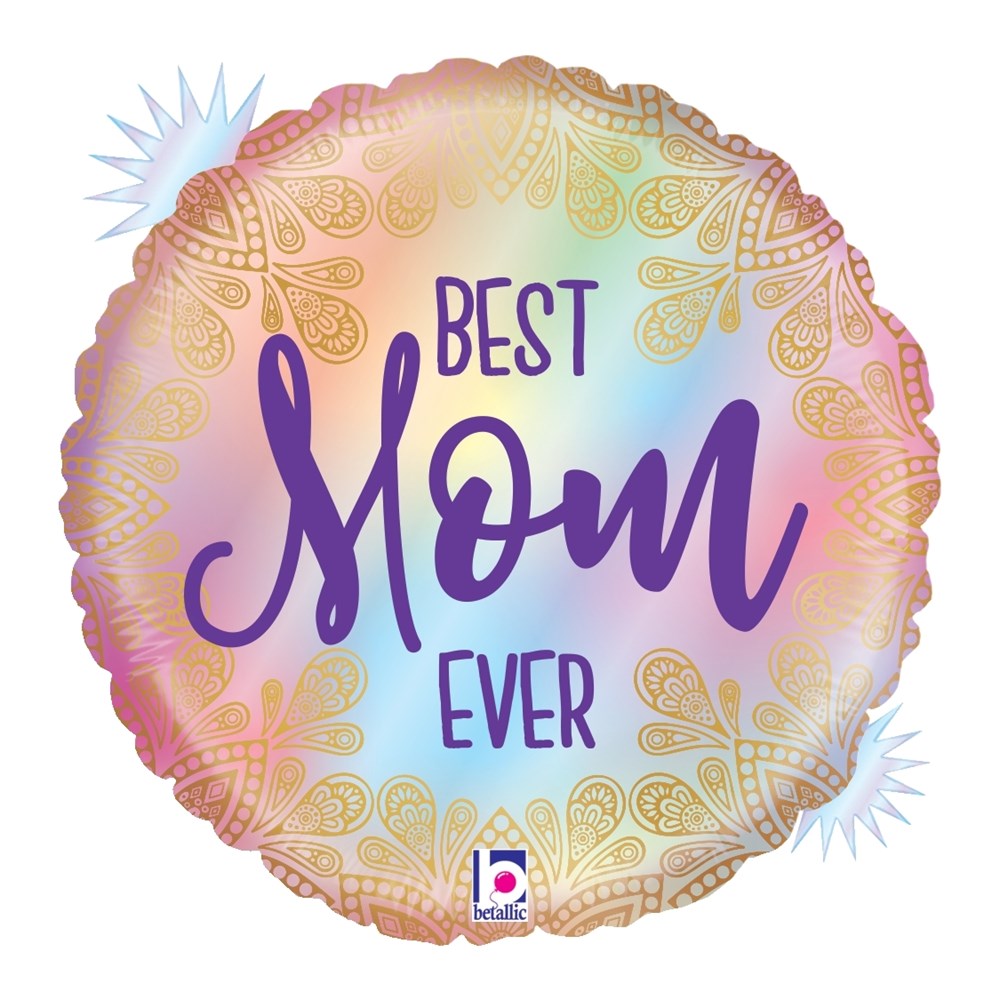 18-inch round opal holographic balloon with gold paisley border and purple "Best Mom Ever" text.