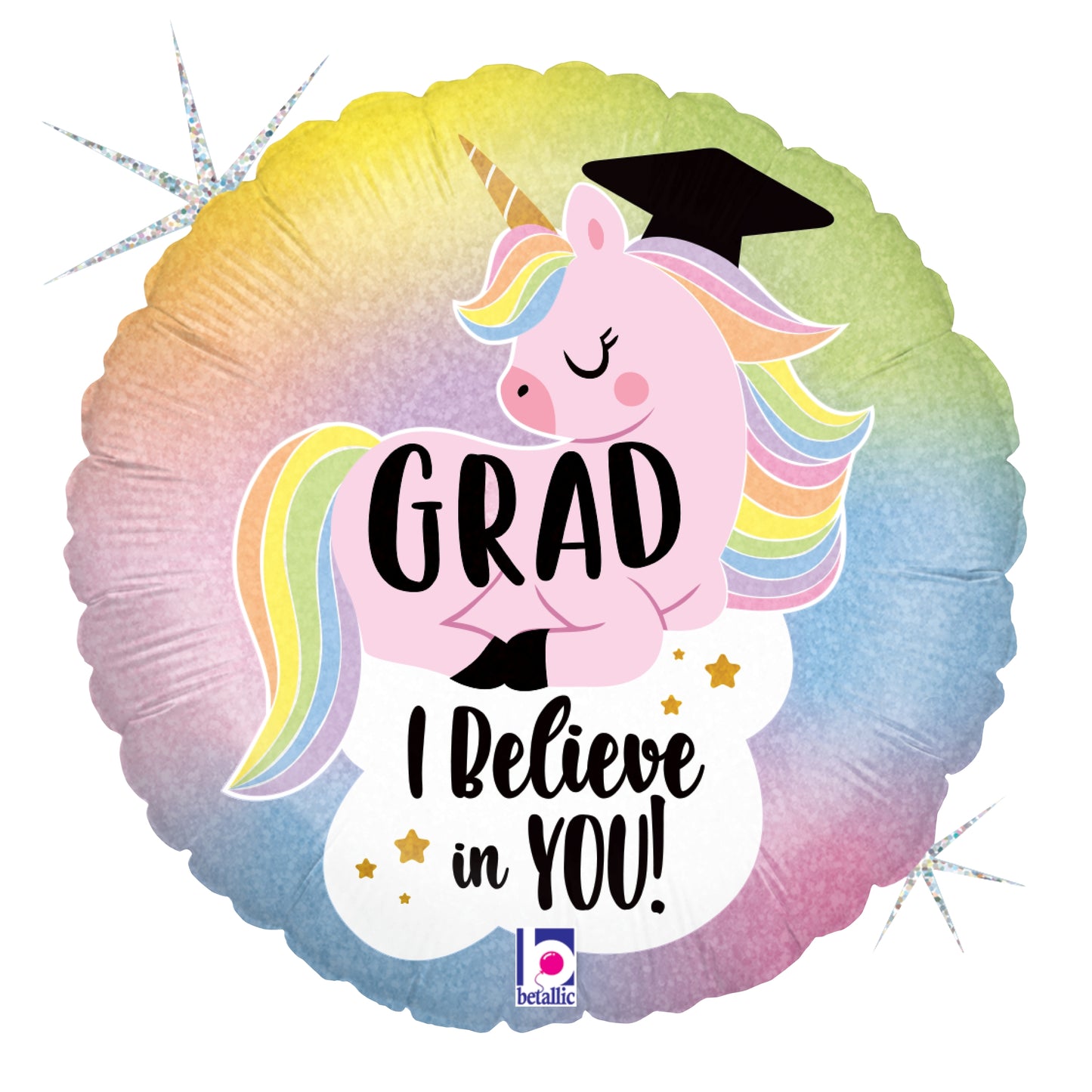 18-inch round holographic balloon with pastel rainbow unicorn wearing a black graduation cap, glitter accents, and text.