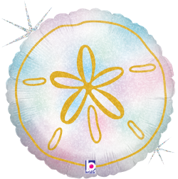 18-inch round holographic balloon shaped like a sand dollar with gold detailing and iridescent glitter finish.