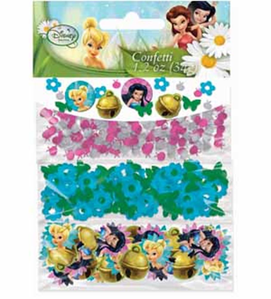 Colorful Tinkerbell-themed confetti strips featuring pink, blue flowers, gold bells, and fairy characters.