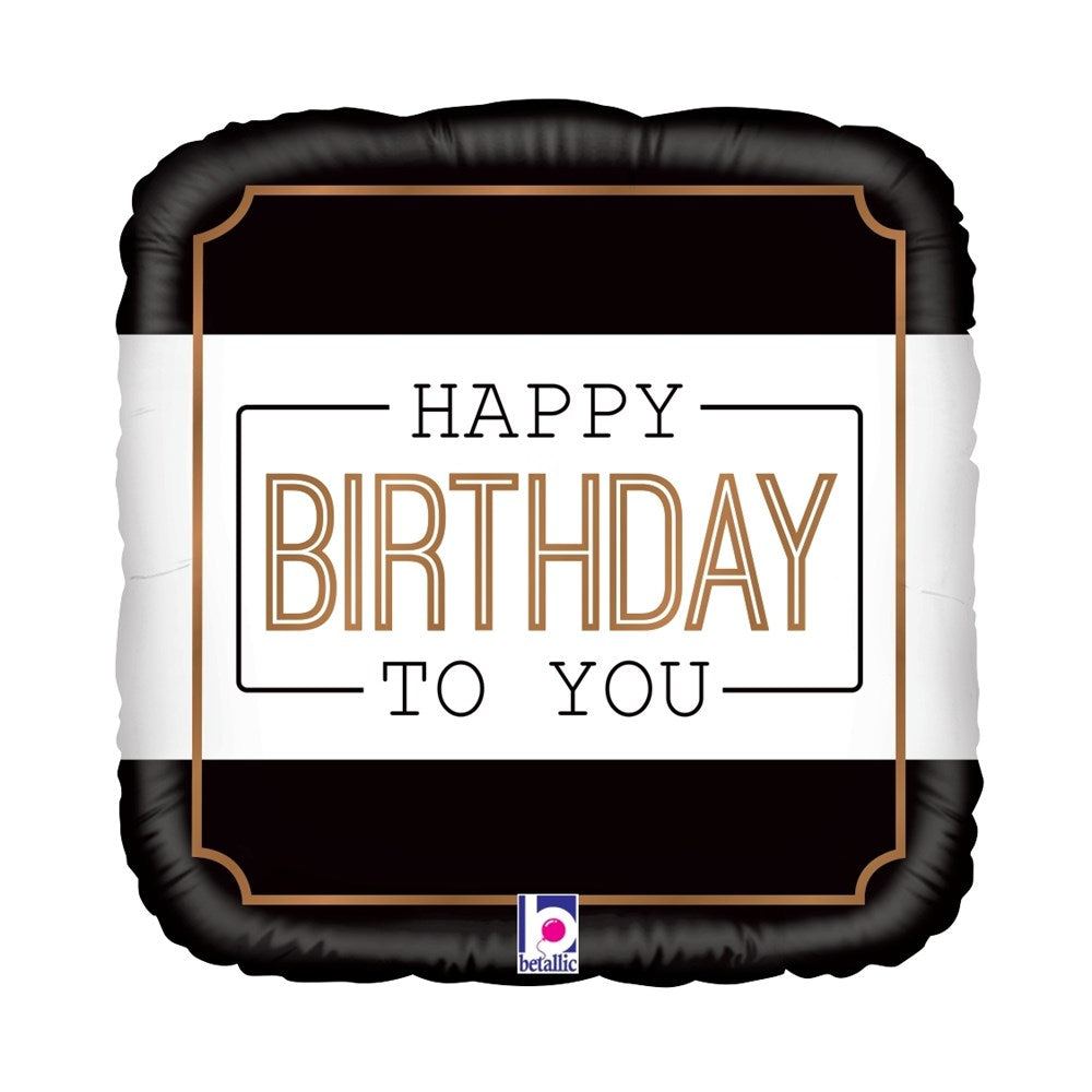 Square black foil balloon with white center panel, "Happy Birthday To You" in gold and black letters.
