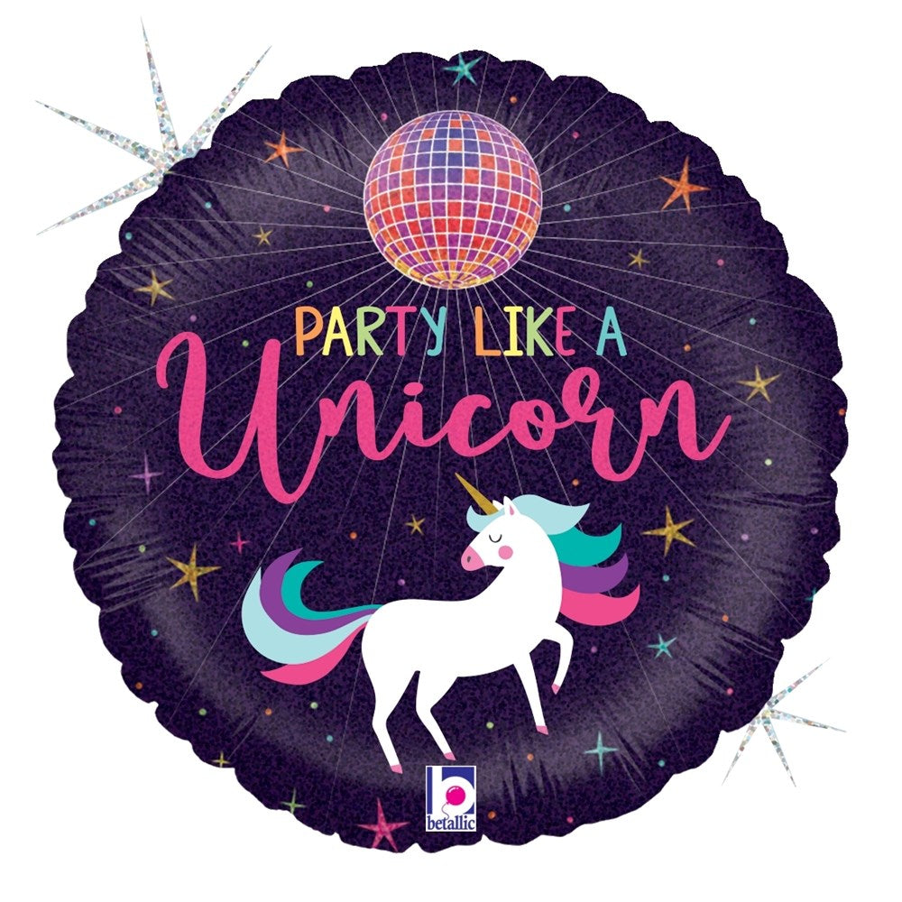Round holographic balloon with disco ball, colorful stars, and a white unicorn with rainbow mane and tail, text "Party Like.