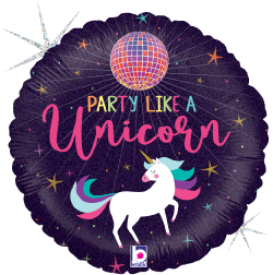 18-inch round holographic balloon with glitter, featuring a white unicorn and colorful mane, disco ball, and "Party Like a.