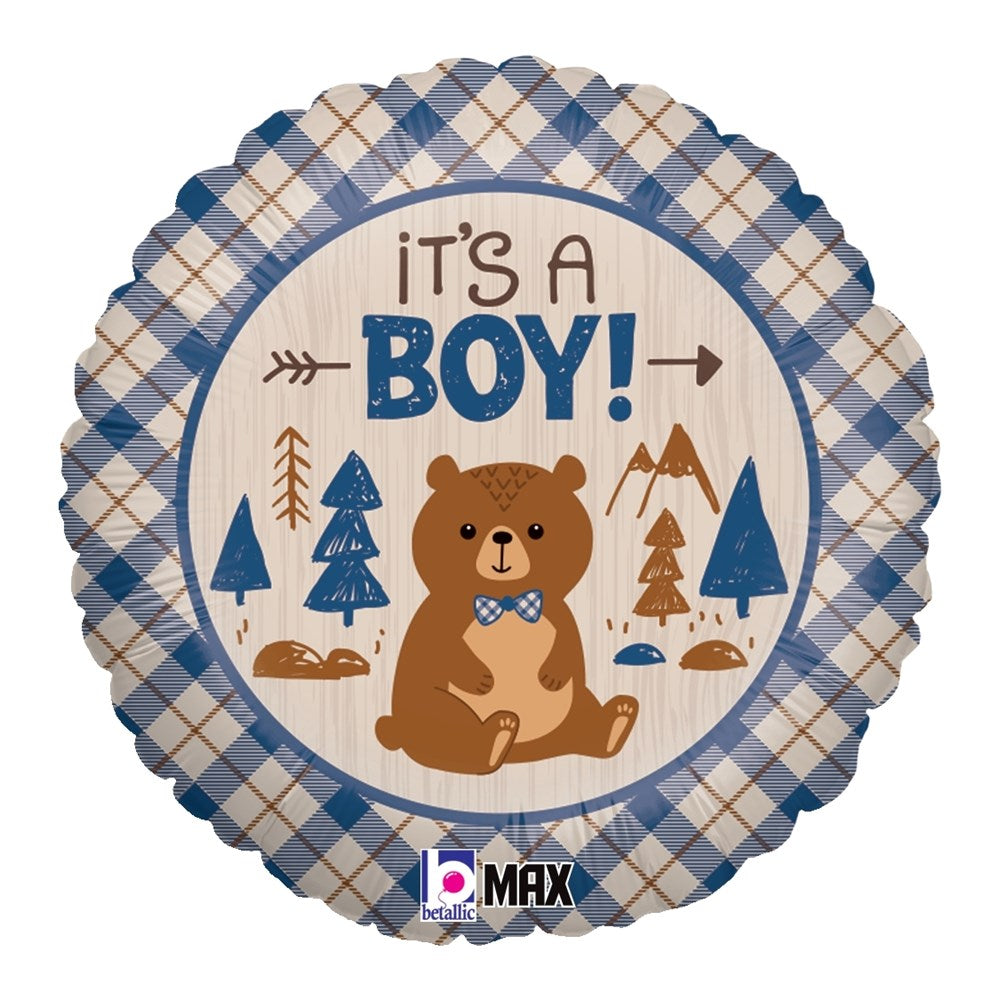 Round foil balloon with blue and beige plaid border, featuring a brown bear in a bow tie and text "It's a Boy!" with trees.